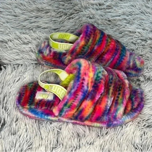 UGG Faux Fur Multicolored Slippers Size 4 - Picture 4 of 8